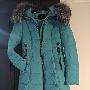 Women's Teal Puffer Winter Coat with Faux Fur Hood
